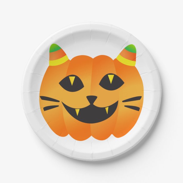 Plato De Papel Gato-o'-Lantern de Halloween (Anverso)