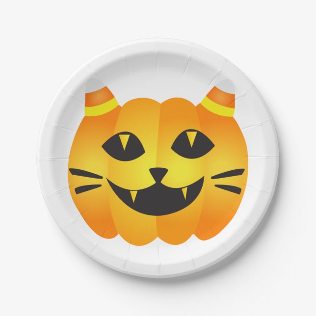 Plato De Papel Gato-o'-Lantern de Halloween (Anverso)