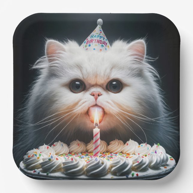 Plato De Papel Gato persa con un pastel de cumpleaños (Anverso)