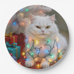 Plato De Papel Gato Persa de Navidad enredado en luces navideñas