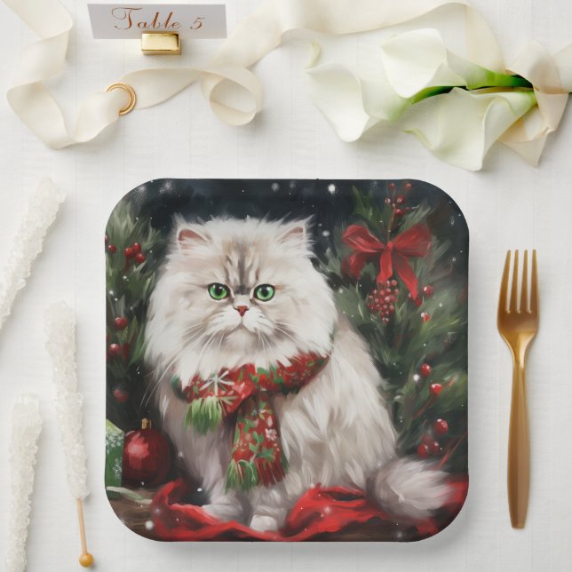 Plato De Papel Gato persa en Navidades de nieve (Boda)