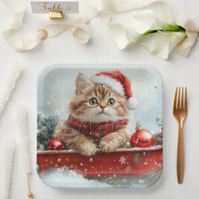 Plato De Papel Gato persa encorvado deja que nieve Navidades (Boda)