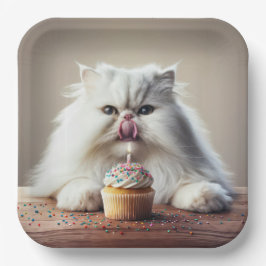Plato De Papel Gato persa se muerde el pastel de cumpleaños