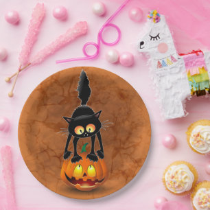 Plato De Papel Gato Personalizado asustado de Halloween en calaba