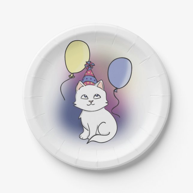 Plato De Papel Gato Personalizado blanco con globos (Anverso)