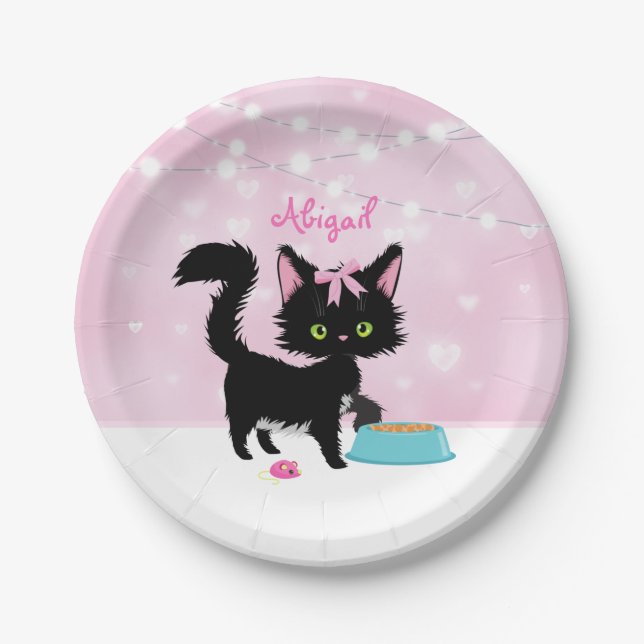 Plato De Papel Gato personalizado rosa y gitano blanco gatito (Anverso)