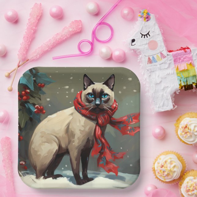 Plato De Papel Gato siamés en Navidades de nieve (Fiesta)