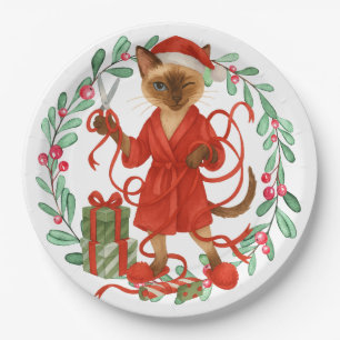 Plato De Papel Gato siamés tema de Navidad para amante de los gat