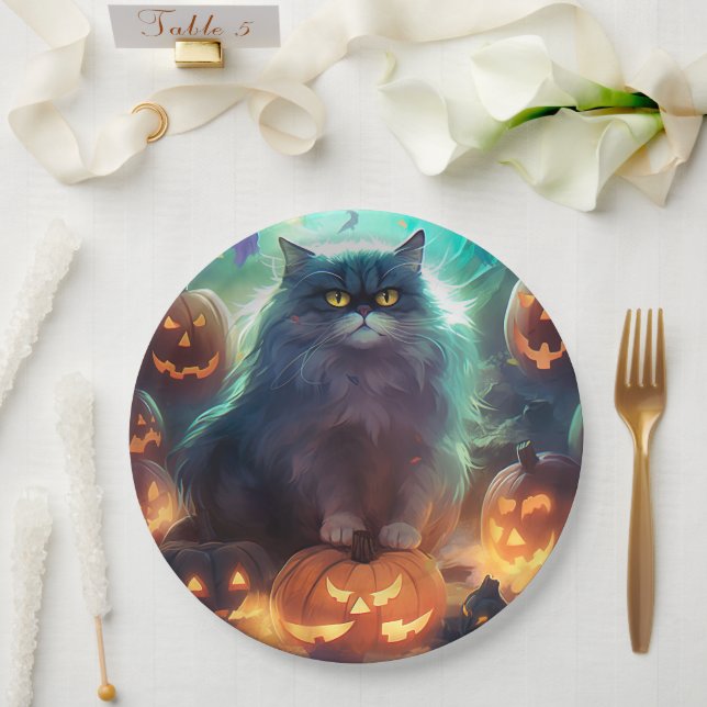 Plato De Papel Gato siberiano de Halloween con calabazas aterrado (Boda)