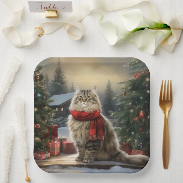 Plato De Papel Gato siberiano en Navidades de nieve (Boda)