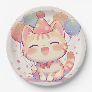 Plato De Papel Gato sonriente lindo con globos Placa de papel de