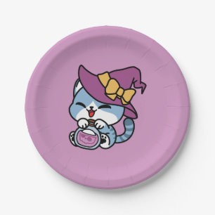 Plato De Papel Gato Tabby de Halloween – Sombrero de Bruja y Arte