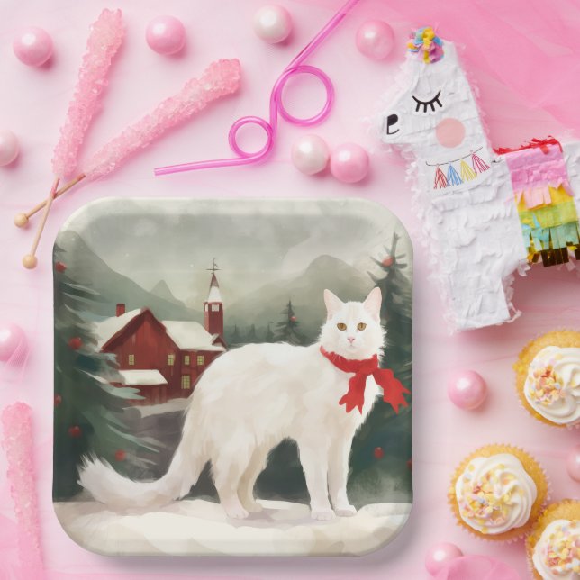 Plato De Papel Gato turco angora en Navidades de nieve (Fiesta)