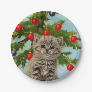 Plato De Papel Gato vintage y árbol de Navidad