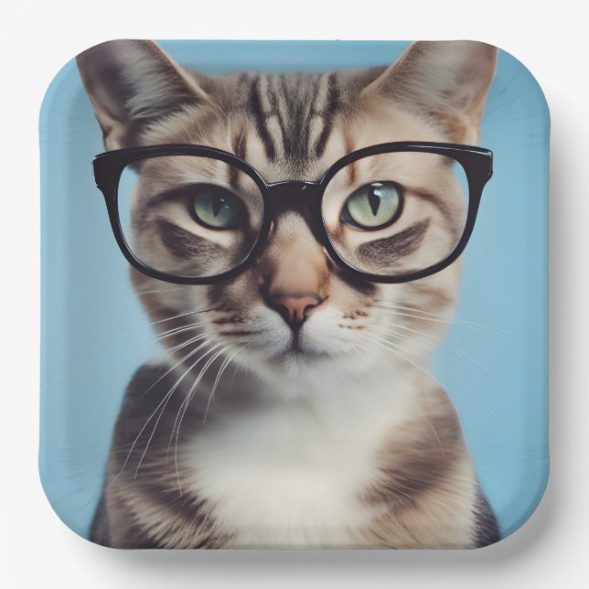 Plato De Papel Gato vistiendo gafas (Anverso)