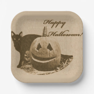 Plato De Papel Gato y calabaza Feliz Halloween