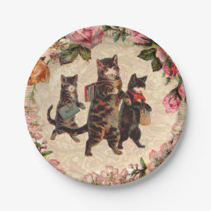 Plato De Papel Gatos Atigrados Vintage Camino a la Escuela Impres