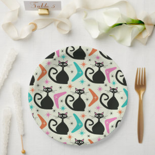 Plato De Papel Gatos atómicos negros de mediados del siglo XX con