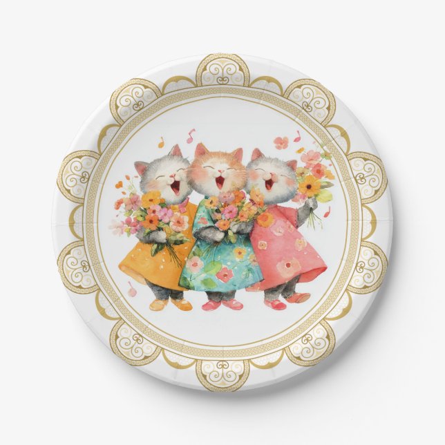 Plato De Papel Gatos Cantando que Sostienen Ramos (Anverso)