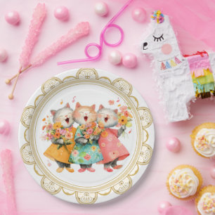 Plato De Papel Gatos Cantantes Sosteniendo Ramos