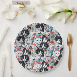 Plato De Papel Gatos con flores rosas y mariposas