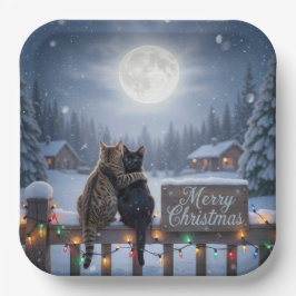 Plato De Papel Gatos de Navidad abrazándose en una valla nevada