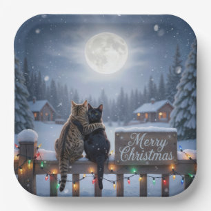 Plato De Papel Gatos de Navidad abrazándose en una valla nevada