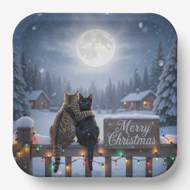 Plato De Papel Gatos de Navidad abrazándose en una valla nevada (Anverso)