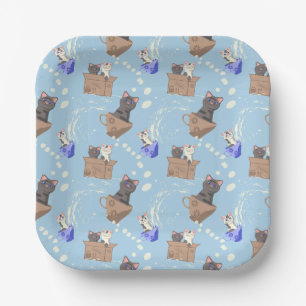 Plato De Papel Gatos en caja y gotas de leche en azul