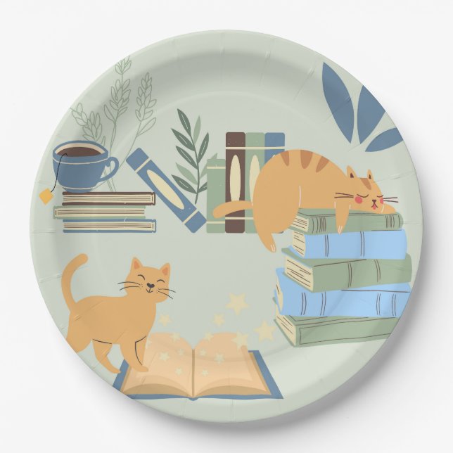 Plato De Papel Gatos en libros (Anverso)
