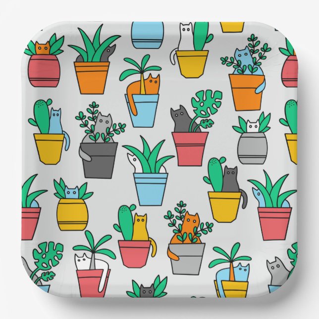 Plato De Papel Gatos en macetas de flores (Anverso)