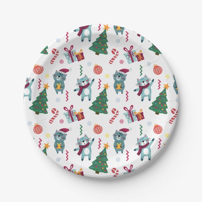 Plato De Papel Gatos en Navidad Patrón Caprichoso (Anverso)