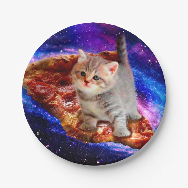 Plato De Papel Gatos en pizza espacial (Anverso)