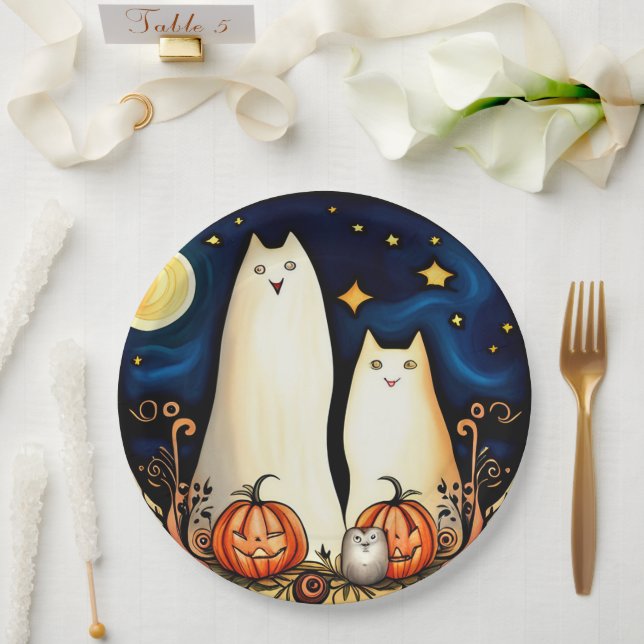 Plato De Papel Gatos fantasma blancos y faroles Jack-o (Boda)
