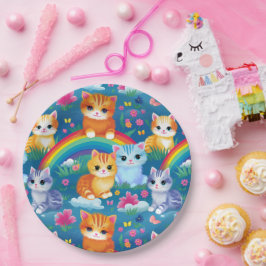 Plato De Papel Gatos gitanos felices con nubes de arcoiris