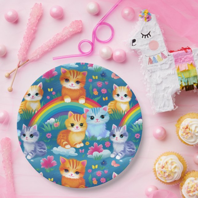 Plato De Papel Gatos gitanos felices con nubes de arcoiris (Fiesta)