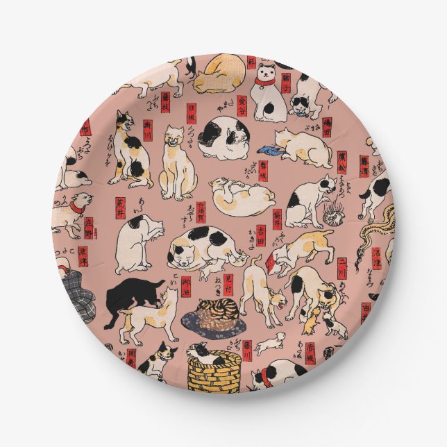 Plato De Papel gatos japoneses Ukiyo-e Funny kitty (Anverso)