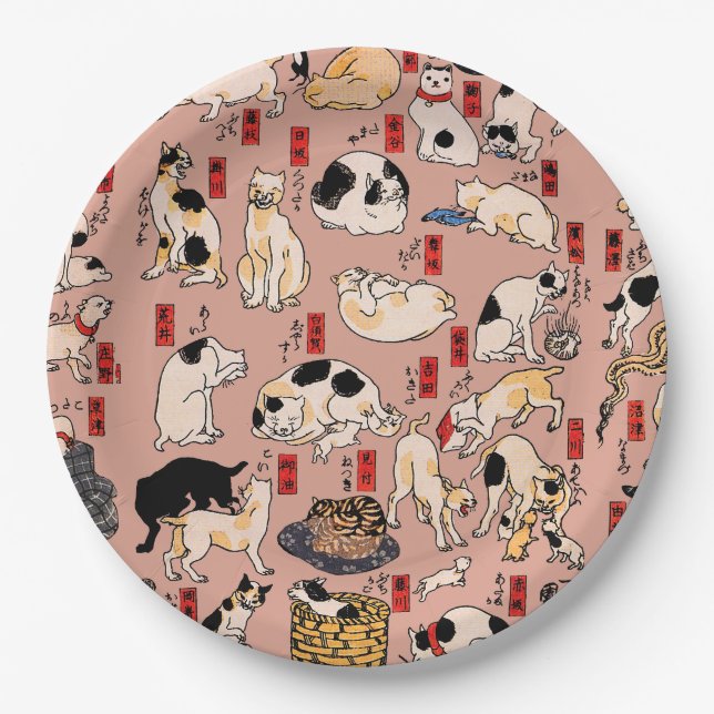 Plato De Papel gatos japoneses Ukiyo-e Funny kitty (Anverso)