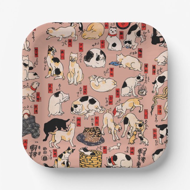 Plato De Papel gatos japoneses Ukiyo-e Funny kitty (Anverso)