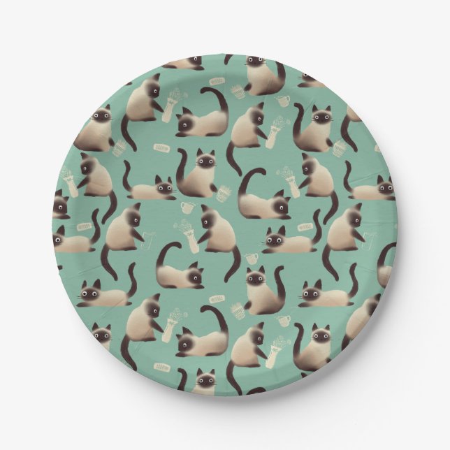 Plato De Papel Gatos malvados siameses golpean las cosas (Anverso)