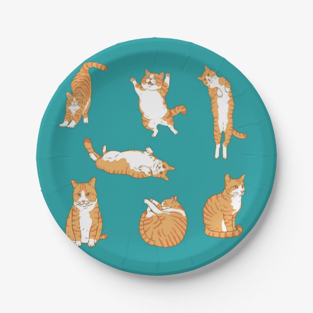 Plato De Papel Gatos Naranjas Divertidos (Anverso)