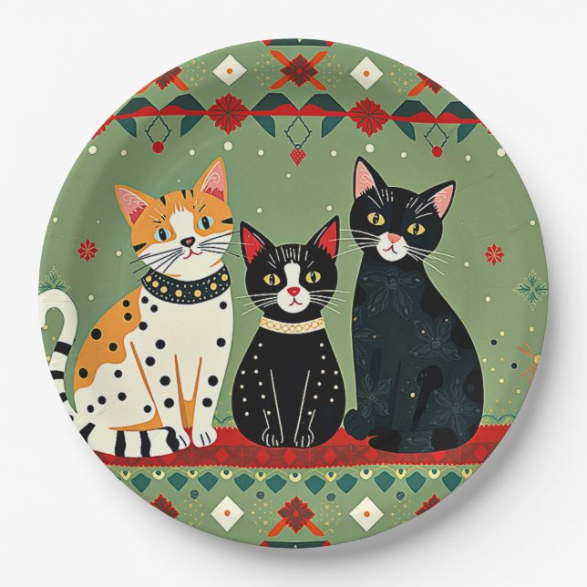 Plato De Papel Gatos navideños retro (Anverso)