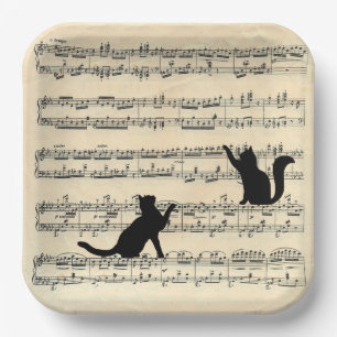 Plato De Papel Gatos negros en la música de hojas