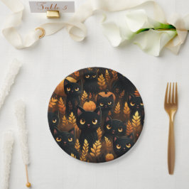 Plato De Papel Gatos negros y calabazas