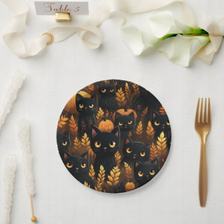 Plato De Papel Gatos negros y calabazas