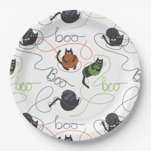Plato De Papel Gatos negros y Yarn Halloween enmarañados a la per