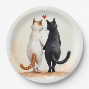 Plato De Papel Gatos románticos con corazón rojo