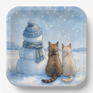 Plato De Papel Gatos sentados con un muñeco de nieve en un campo