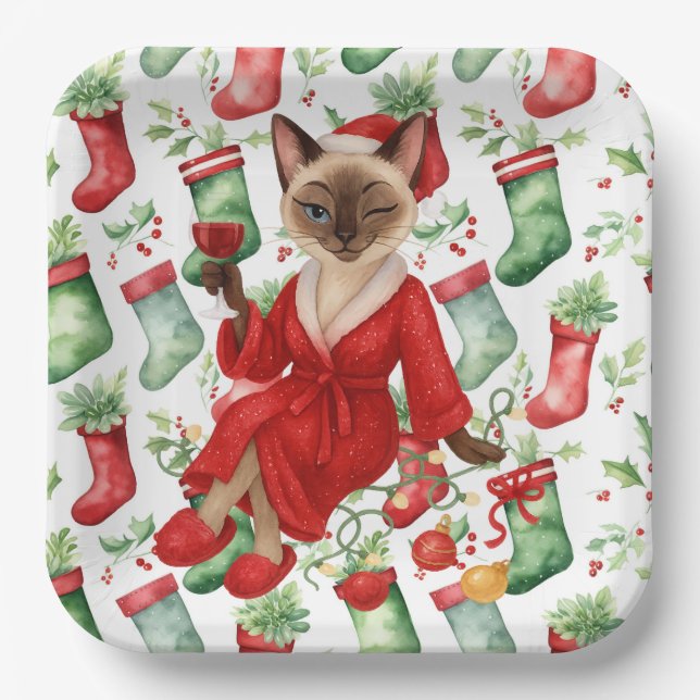 Plato De Papel Gatos tema de Navidad para amantes de gatos siames (Anverso)