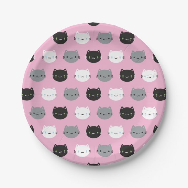 Plato De Papel Gatos y gatitos kawaii (rosados) (Anverso)